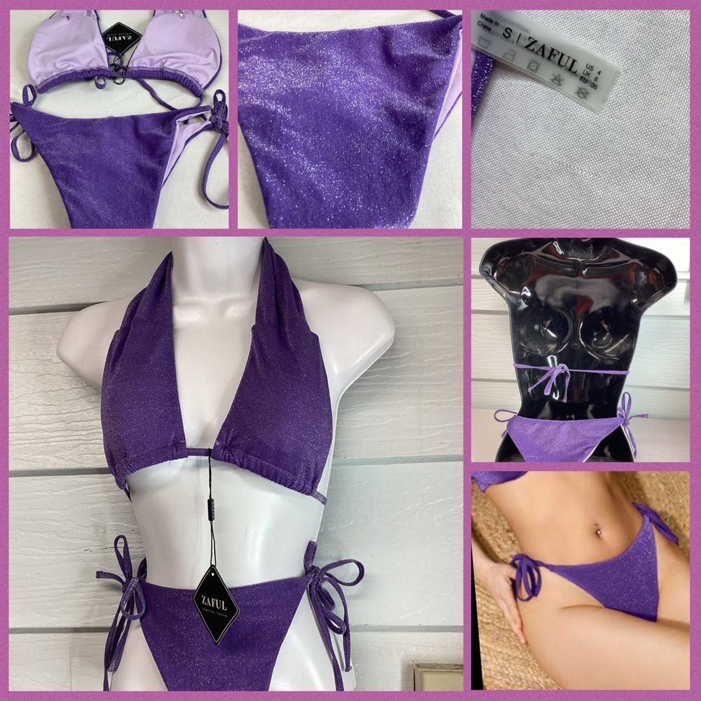 Purple Halter Tie-Back Bikini Top and High-Cut Bottoms.48 - Picture 4 of 6